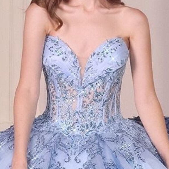 New Blue Strapless Layered Quinceanera Tulle Gown w/ Sequins Embroidery CD 15732 - Picture 5 of 11